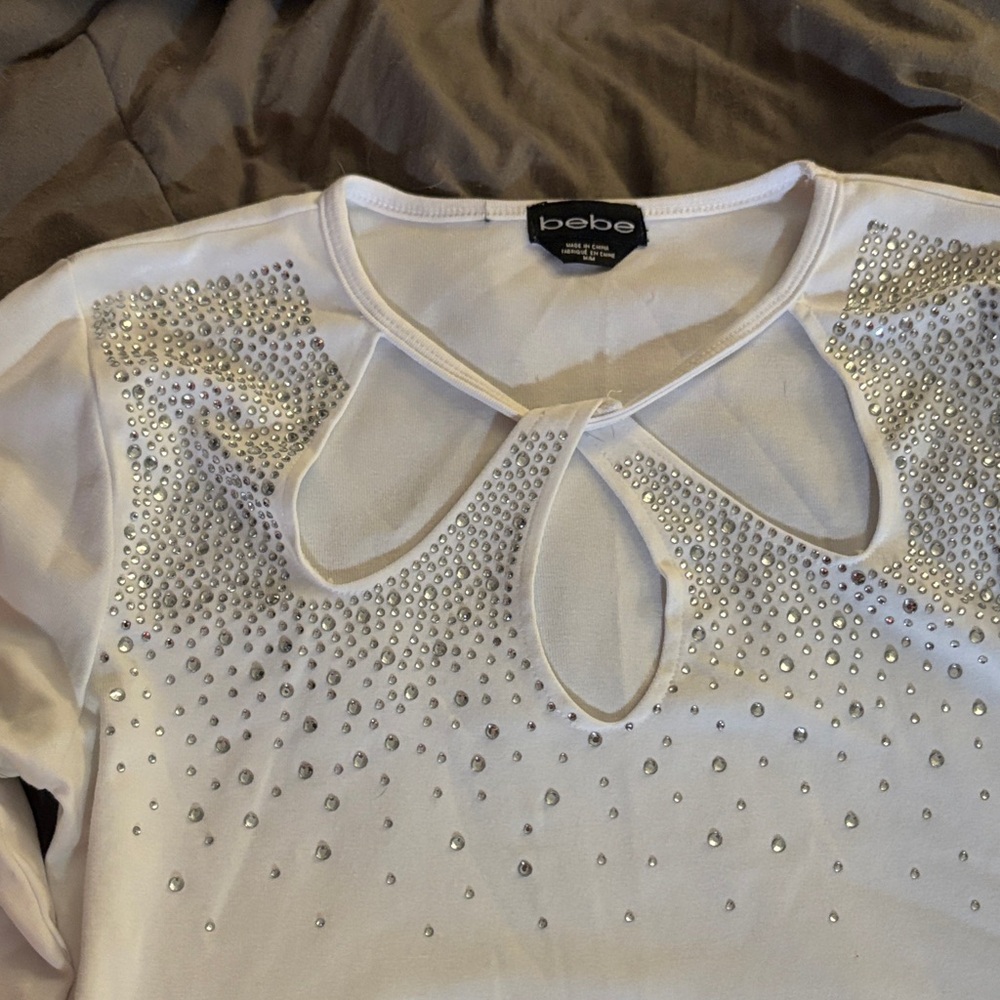 Bebe White Top with Silver Embellishments